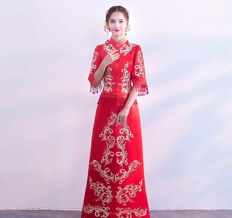 時(shí)尚修身新娘結(jié)婚禮服，龍鳳褂中式禮服