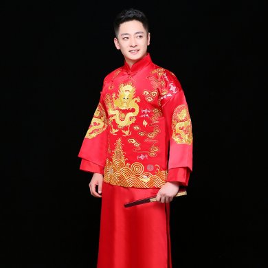 金龍刺繡男士中式禮服，時(shí)尚中國風(fēng)新郎禮服