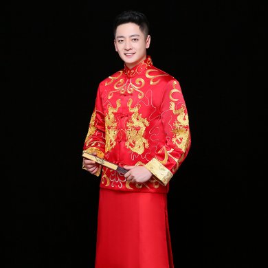 雙龍刺繡男士中式禮服，時(shí)尚中國風(fēng)新郎禮服