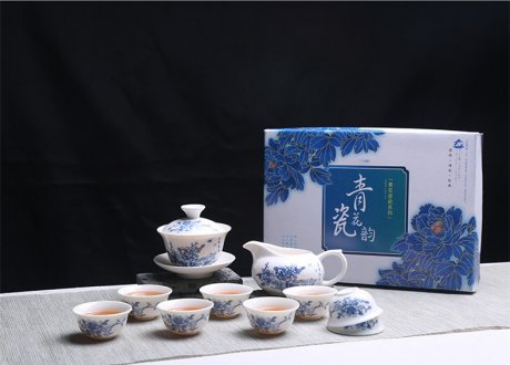 青花瓷茶具套裝禮盒，家用白瓷功夫茶具