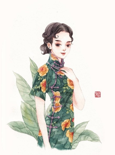 清新水彩旗袍女子插畫，唯美的古風插畫圖集